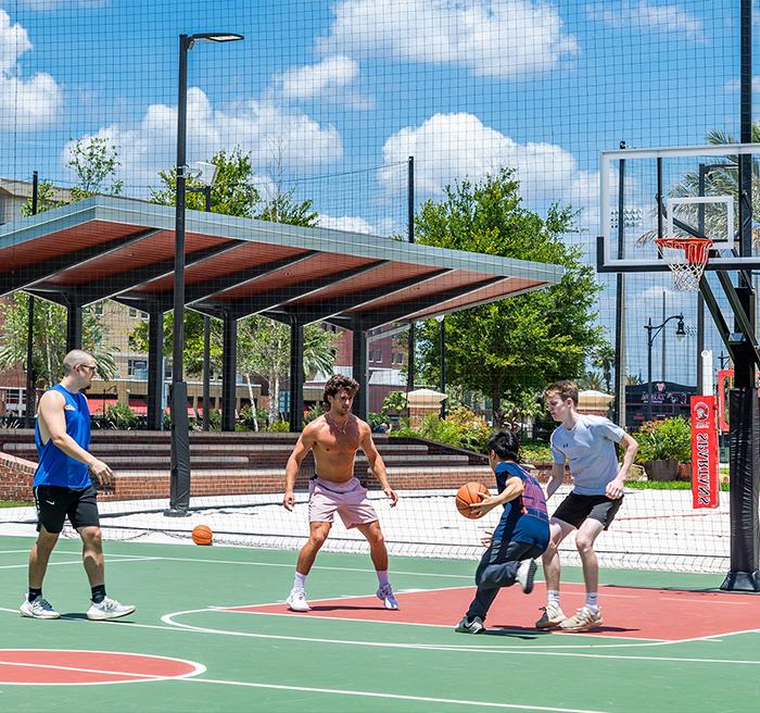 Students playing basketball.